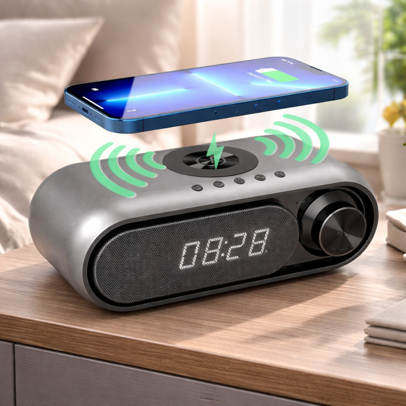 Колонка 3 в 1: Часы, Колонка и Беспроводная Зарядка