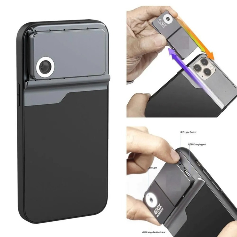 Чехол для iPhone с объективом микроскопа 400X и светодиодной подсветкой, iPhone 14/15 Pro Max Чехол для iPhone с объективом микроскопа 400X и светодиодной подсветкой, iPhone 14/15 Pro Max