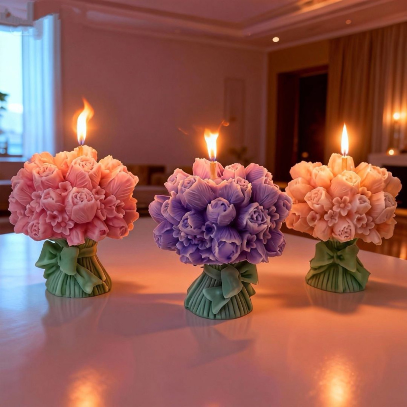 Декоративные поделки своими руками в 3D-формате с использованием силиконовых форм для букетов  и ароматических свечей.