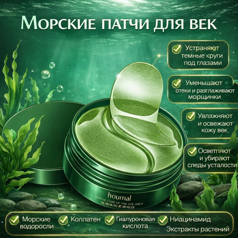 HOUMAI Гидрогелевые патчи для глаз с экстрактом морских водорослей Seaweed Bouncing Soft Eye Mask