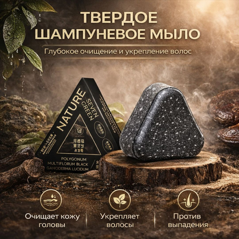 Твердое мыло-шампунь Nature Seven Green с экстрактами горца многоцветкового  и черной ганодермы