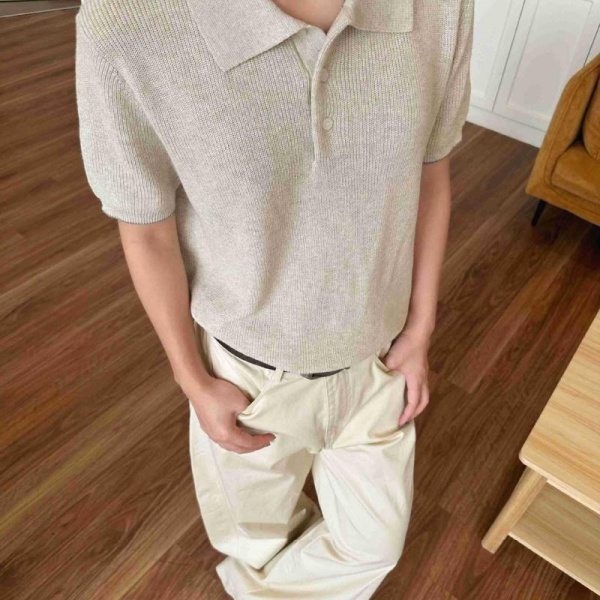 Вязанный Свитер-поло из однотонной ткани с коротким рукавом и воротником