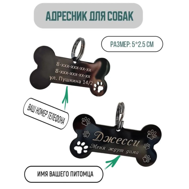 Адресник с гравировкой для собак и кошек из нержавеющей стали