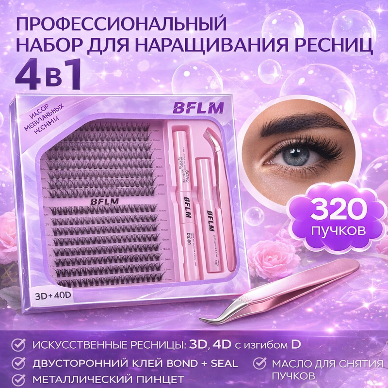 BFLM Набор для домашнего наращивания ресниц  в комплекте с пинцетом и клеем