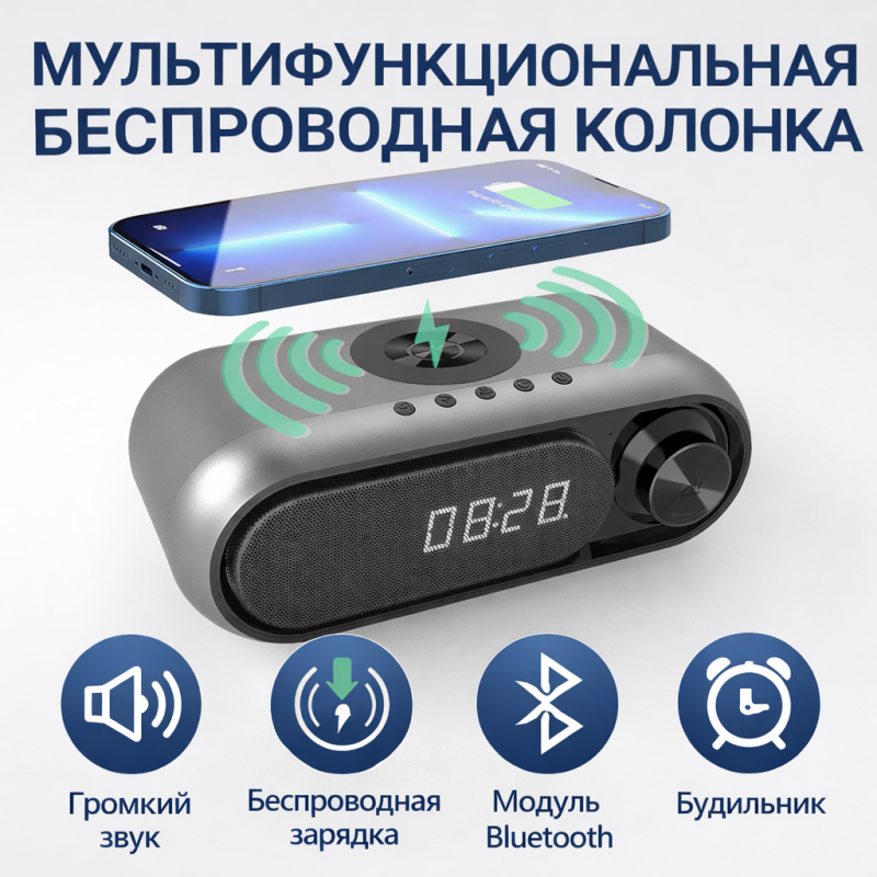 Колонка 3 в 1: Часы, Колонка и Беспроводная Зарядка