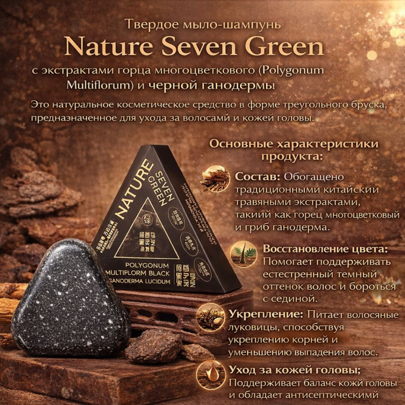 Твердое мыло-шампунь Nature Seven Green с экстрактами горца многоцветкового  и черной ганодермы